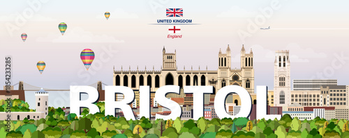 Bristol graphic stylized cityscape colorful vector illustration with big city name on the background