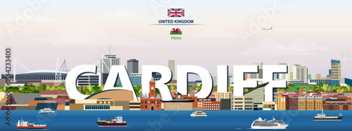 Cardiff graphic stylized cityscape colorful vector illustration with big city name on the background