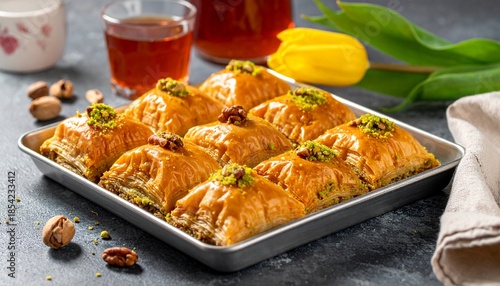 Tray of golden diamond-shaped baklava garnished with nuts, surrounded by tulip, drink, and napkin.