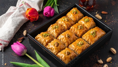 Tray of golden diamond-shaped baklava garnished with nuts, surrounded by tulip, drink, and napkin.