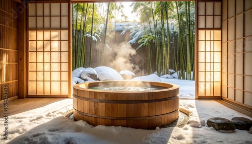 Traditional wooden hot tub steaming in snowy bamboo garden, framed by shoji doors and soft sunlight.