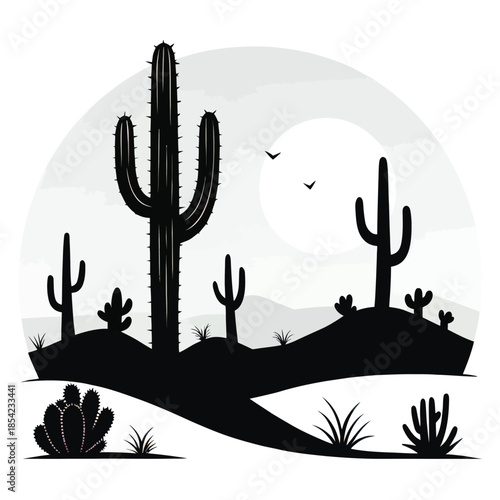 Desert landscape with cacti and hills in black silhouette
