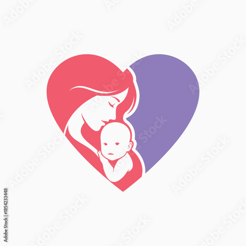 Mother and baby love heart silhouette logo design, mother holding a baby within a heart shape, silhouette symbol illustration.