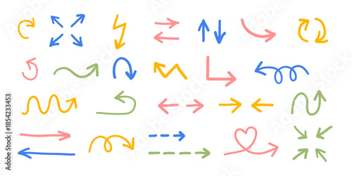 Set of colorful hand drawing arrows. Vector illustration.