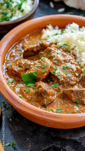 Nigerian stew with beef, tomatoes, and spices served with rice during a family gathering in a kitchen