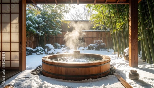 Traditional wooden hot tub steaming in snowy bamboo garden, framed by shoji doors and soft sunlight.