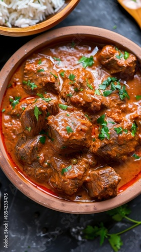 Nigerian beef stew with tomatoes and spices served in a bowl alongside rice