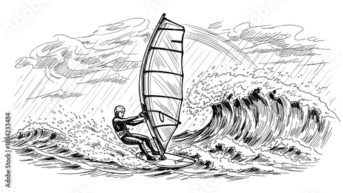 Dynamic pen drawing of windsurfer navigating ocean waves in rainy weather