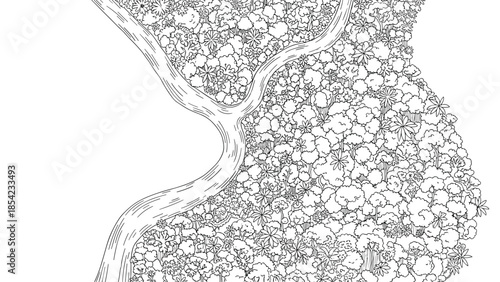 Hand-drawn river and forest aerial view with detailed natural landscape