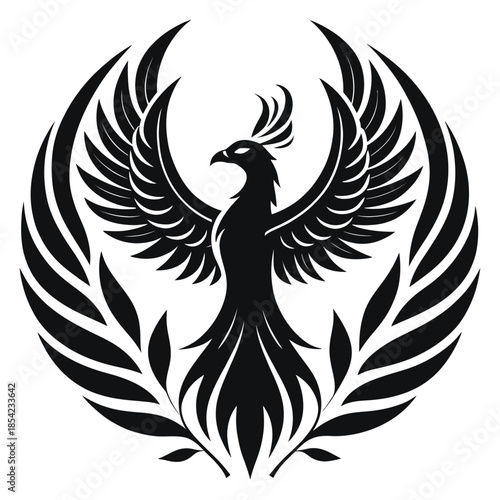 Ultra clean black and white 2d vector silhouette of a phoenix