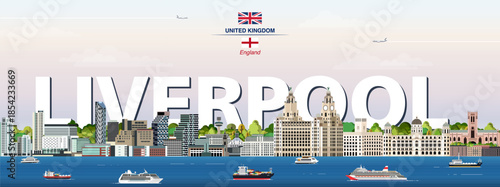 Liverpool graphic stylized cityscape colorful vector illustration with big city name on the background