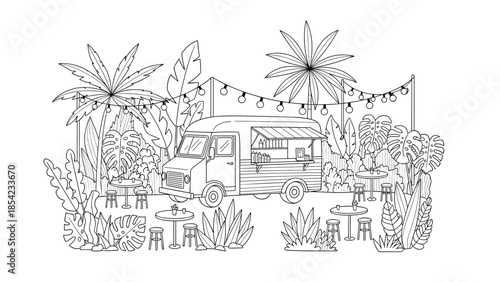 Tropical food truck oasis with string lights and lush foliage in linear art
