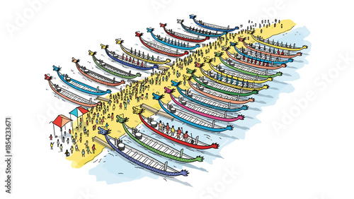 Colorful dragon boats in parade formation with crowds on sandy beach