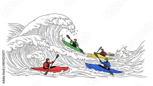 Colorful kayakers braving the waves in a dynamic linear art style adventure