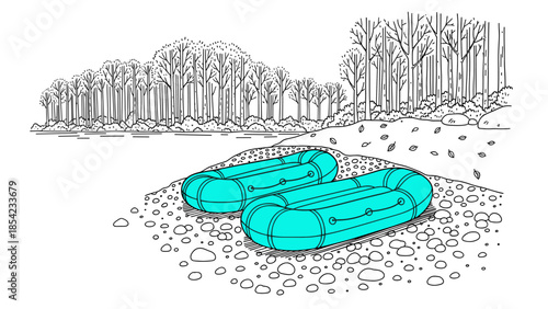 Illustrated outdoor river scene with inflatable boats on rocky shoreline