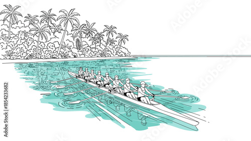 Team rowing on tropical waters in line art with aqua highlights