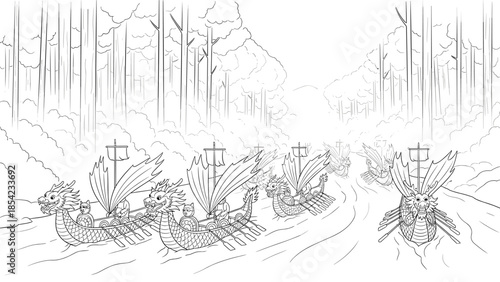 Dragon boats navigating through serene forest river in detailed line art