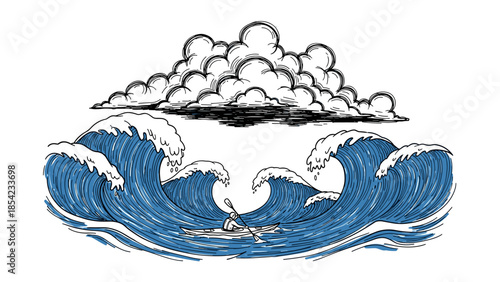 Dramatic ocean adventure with bold waves and canoe under cloudy sky