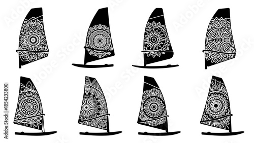 Intricate mandala designs on windsurfing sails in black silhouette style