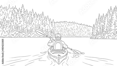 Person kayaking on scenic lake with forest view in outline style