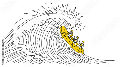 Dynamic line art of rafting adventure with a group navigating challenging waves