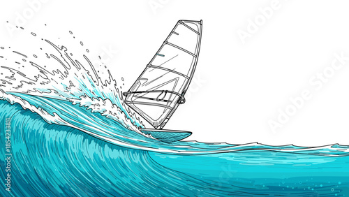 Dynamic windsurfing scene with splashing waves in linear style