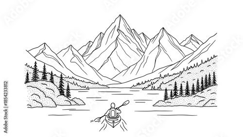 Scenic mountain landscape with kayaker in outline drawing style