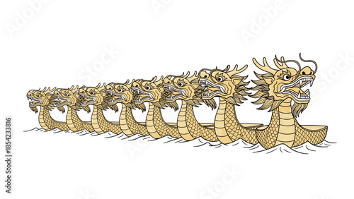 Eight-bodied dragon boat with ornate dragon heads
