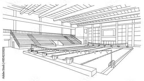 Linear indoor swimming pool design with bleachers and diving boards