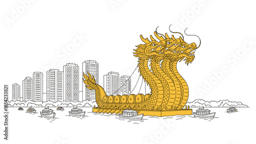 Golden three-headed dragon boat on river with urban cityscape background
