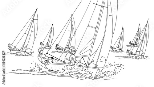 Competitive sailing in line art: regatta races on the open sea