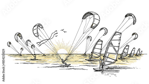 Sketch style windsurfing at sunset with birds in the background