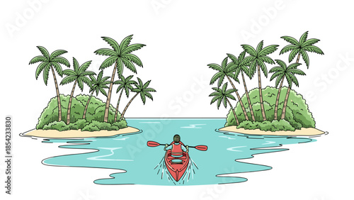 Tropical kayaking adventure between palm islands in vibrant cartoon style