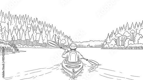 Linear style canoeing adventure in serene forest lake scene
