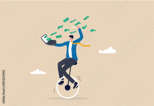 Make money online, earning form online investment or computer crypto trading, affiliate marketing or e-commerce sales concept, businessman expertise riding unicycle making money from computer laptop.