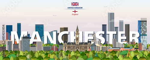 Manchester graphic stylized cityscape colorful vector illustration with big city name on the background