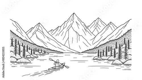 Minimalist mountain lake adventure with canoe and pine forest