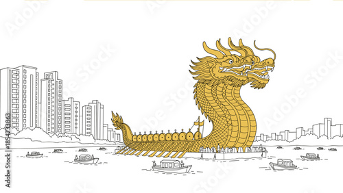 Golden dragon in modern cityscape with boating on river