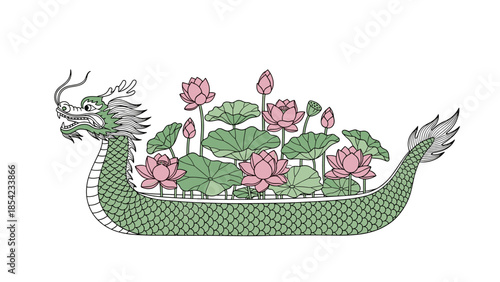 Dragon boat filled with lotus flowers in traditional asian art style