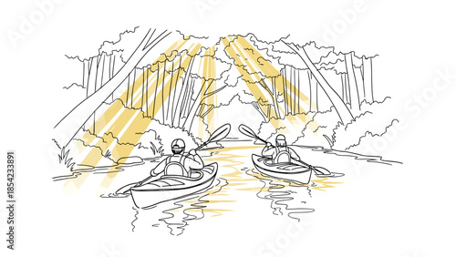 Peaceful kayaking adventure in sunlit forest stream