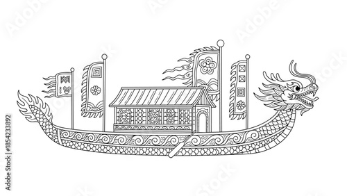 Intricate dragon boat with ornate flags in detailed line art