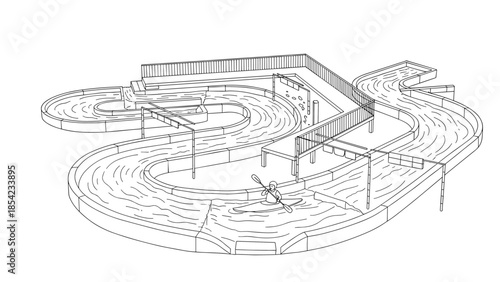 Water park course with kayak on winding river in black and white linear design