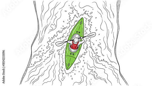 Kayaker navigating rapids in dynamic doodle art