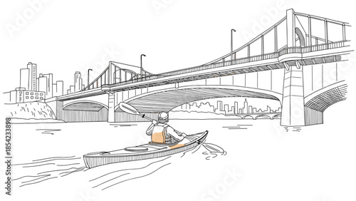 Urban kayaking adventure under a steel bridge in a linear art design