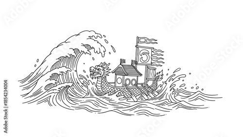 Intricate dragon boat in ocean waves line art fantasy