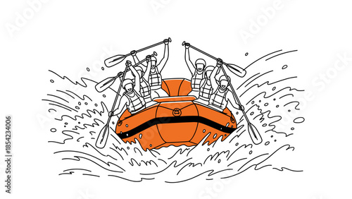 Dynamic rafting adventure: team conquers rapids in detailed line art