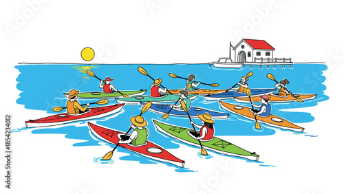 Colorful group kayaking adventure at sunset with a cozy lakeside cottage