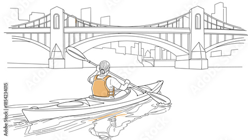 Minimalist kayaking adventure under urban bridge