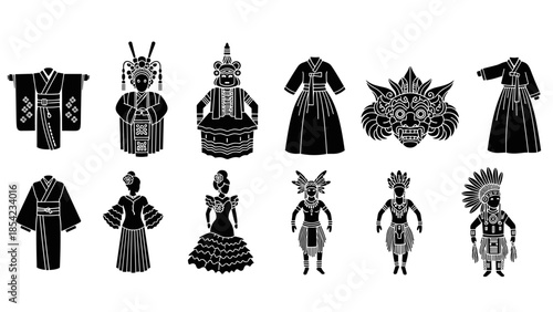 Traditional cultural attire and masks silhouettes collection
