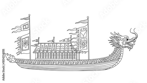 Intricate dragon boat line art for chinese cultural celebrations and festivals